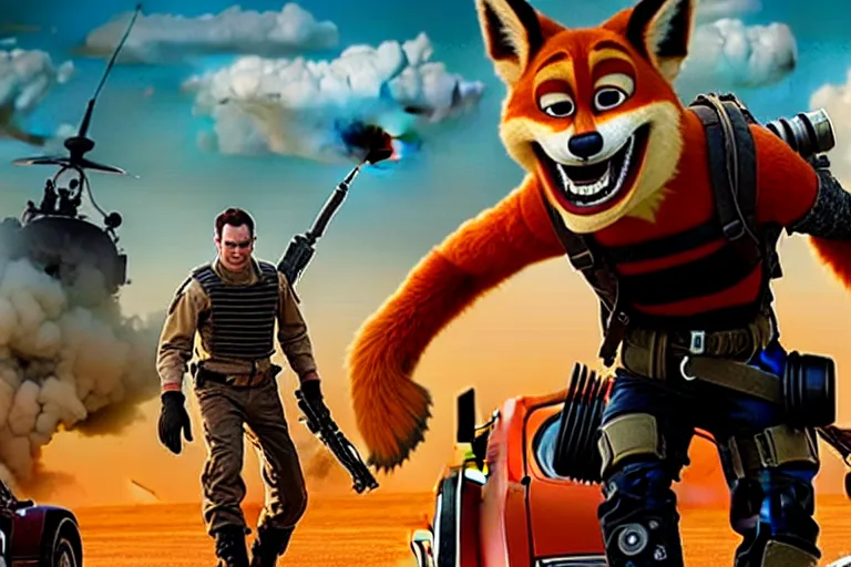 Image similar to nick wilde, heavily armed and armored facing down armageddon in a dark and gritty reboot from the makers of mad max : fury road