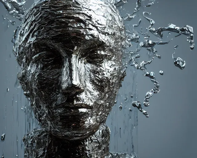 Prompt: a giant abstract sculpture of a human head wrapped in cling film, in the style of chad knight, award winning, cinematic, hyper - realistic, very detailed, realistic water splashes, ray tracing, 8 k resolution, long - shot, sharp focus, low angle, 8 5 mm photograph, wide lens