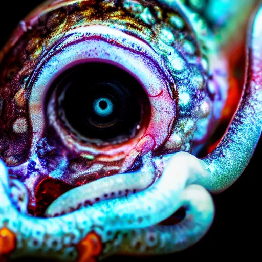 Image similar to fiery whimsical emotional eyes cephalopod, in a photorealistic macro photograph with shallow dof, in the deepest seas of the unconscious psyche