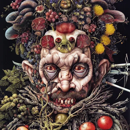 Image similar to portrait of crazy giuseppe arcimboldo, symmetrical, by yoichi hatakenaka, masamune shirow, josan gonzales and dan mumford, ayami kojima, takato yamamoto, barclay shaw, karol bak, yukito kishiro