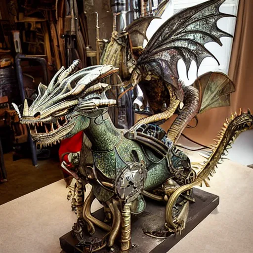 Prompt: a sculpture of a steampunk dragon, photograph