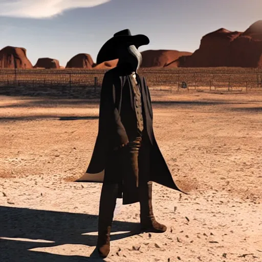 Prompt: a plague doctor cowboy standing near a western town in the desert, dynamic lights, ray tracing, photorealistic art, hyper realism, cinematic concept art