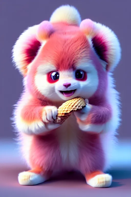 Image similar to high quality 3 d render hyperrealist very cute pastel fluffy! grumpy dragon red panda hybrid eating giant ice cream full body, vray smooth, in the style of detective pikachu, hannah yata charlie immer, dramatic pink light, low angle, uhd 8 k, sharp focus