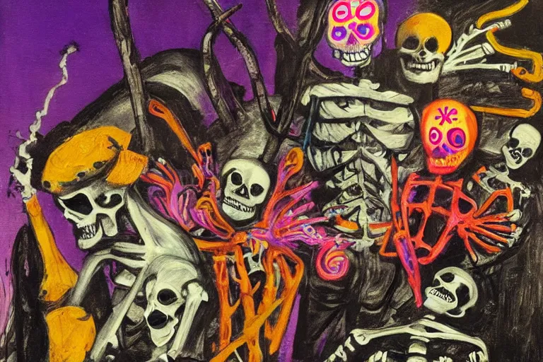 Prompt: scene from surfing, day of the dead, cyber skeleton, neon painting by otto dix