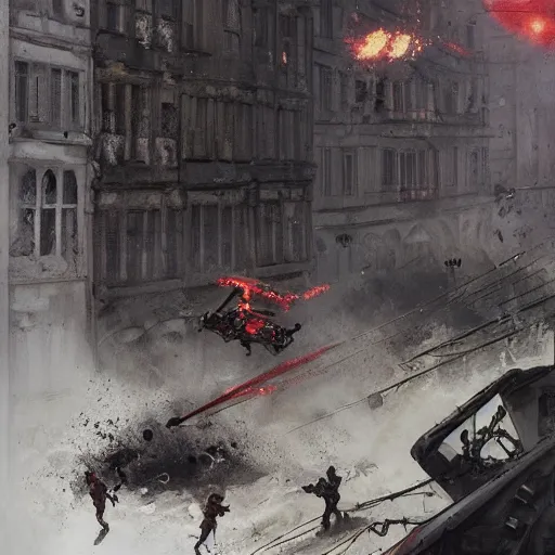 Image similar to spider robots terrorise streets of weimar germany and attack freikorps soldier, heavy street battle, pile of bodies, art by greg rutkowski and jakub rozalski