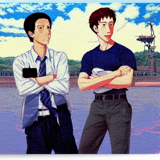 Image similar to anime joseph goebbels and mark zuckerberg by hasui kawase by richard schmid