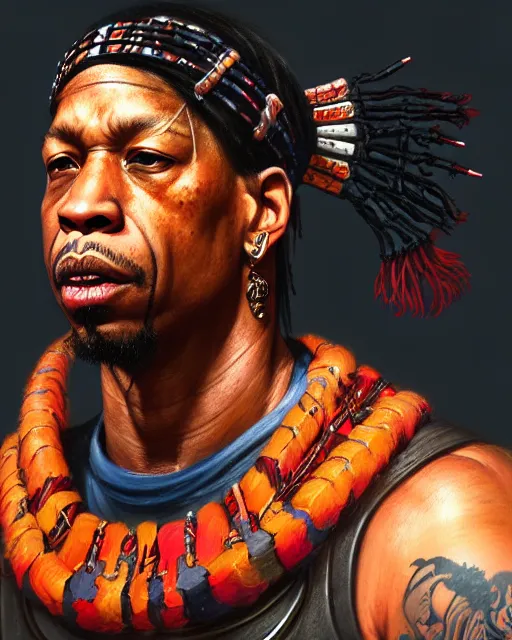 Prompt: face portrait of allen iverson as a muscular ronin samurai, wearing a haori, by wlop and peter mohrbacher, dramatic action pose, extremely detailed shading, concept art, digital painting, trending on artstation, unreal engine 5, octane render, atmosphere, glow, cinematic lighting, full of color