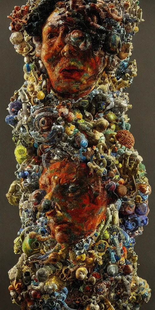 Image similar to a sculpture portrait made of bacteria and virus and molecules and atoms, painting part by wojciech siudmak, part by ilya repin, part by max ernst, part by norman rockwell, artstation