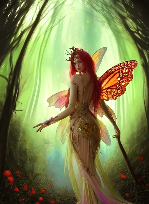 Image similar to stunningly beautiful female faerie priestess in amanita muscaria forest landscape, symmetrical wings on back, neon hair, fantasy art, wearing a dress of gossamer gold, inner glow, dark light night, sharp focus, digital painting, 4 k, concept art, art by wlop, greg rutkowski and alphonse mucha, brom, face by otto schmidt