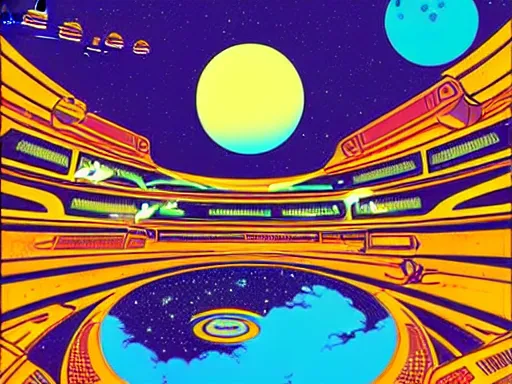 Image similar to a scifi illustration, Galactic City on Coruscant from Star Wars. flat colors, limited palette in FANTASTIC PLANET La planète sauvage animation by René Laloux