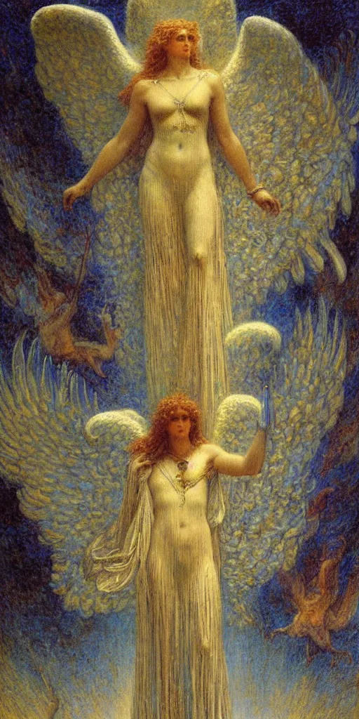 Prompt: a painting of the angel of omnipotence elubatel by gustav moreau, jean delville and  Gaston Bussiere