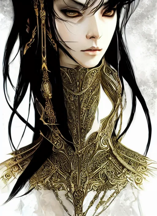 Image similar to Half body portrait of a beautiful elven healer with long straight black hair wearing ornate white and gold attire. In style of Yoji Shinkawa and Hyung-tae Kim, trending on ArtStation, dark fantasy, great composition, concept art, highly detailed, dynamic pose.