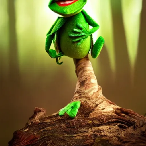 Prompt: very very very very cute baby Kermit the Frog, portrait, pixar style, forest background, cinematic lighting, award winning creature portrait photography