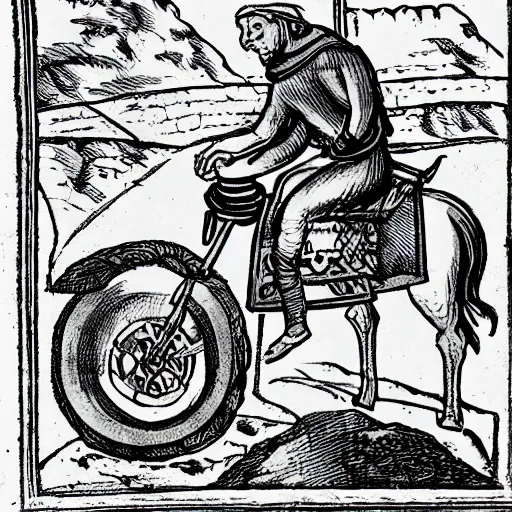 Prompt: a guy on an all-terrain vehicle, medieval illustration