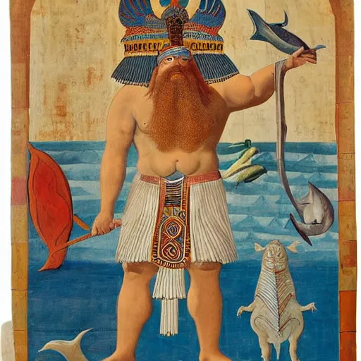 Prompt: The performance art shows a mythological scene. A large, bearded man is shown seated on a throne, surrounded by sea creatures. He has a trident in one hand and a shield in the other. Behind him is a large fish, and in front of him are two smaller creatures. Ancient Egyptian, azure by John Wilhelm, by William Gropper haunting