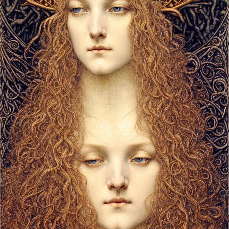 Image similar to detailed realistic beautiful young medieval queen face portrait by jean delville, gustave dore and marco mazzoni, art nouveau, symbolist, visionary, gothic, pre - raphaelite. horizontal symmetry