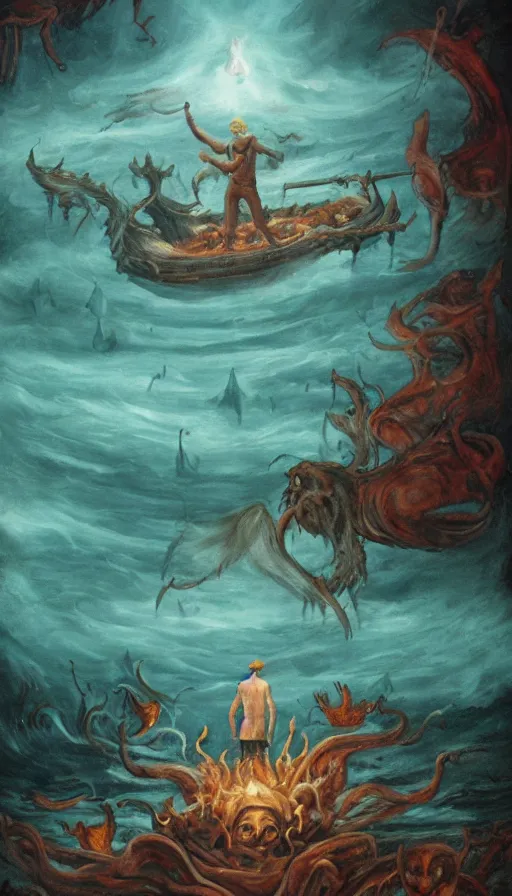 Image similar to man on boat crossing a body of water in hell with creatures in the water, sea of souls, from cryptid academia