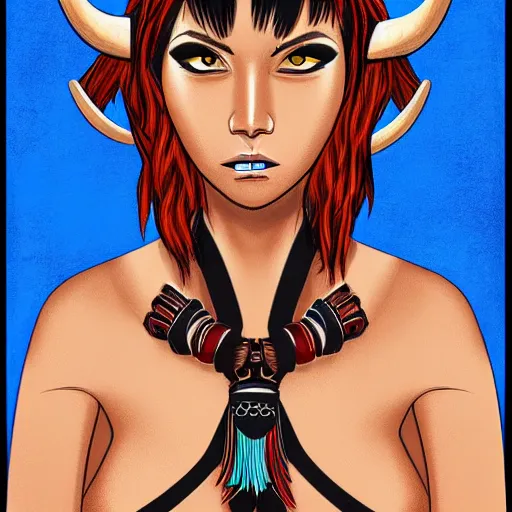 Image similar to illustrated portrait of ram-horned devil woman with blue bob hairstyle and tanned #FFA500 colored skin and with solid black eyes wearing leather by rossdraws