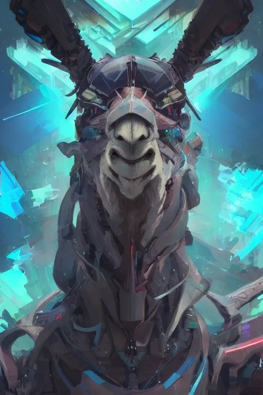 Image similar to closeup portrait of an evangelion beast mode llama, cyberpunk concept art by pete mohrbacher and artgerm and wlop and greg rutkowski and deathburger, digital art, highly detailed, intricate, sci-fi, sharp focus, Trending on Artstation HQ, deviantart, unreal engine 5, 4K UHD image, daily deviation, masterpiece llama art