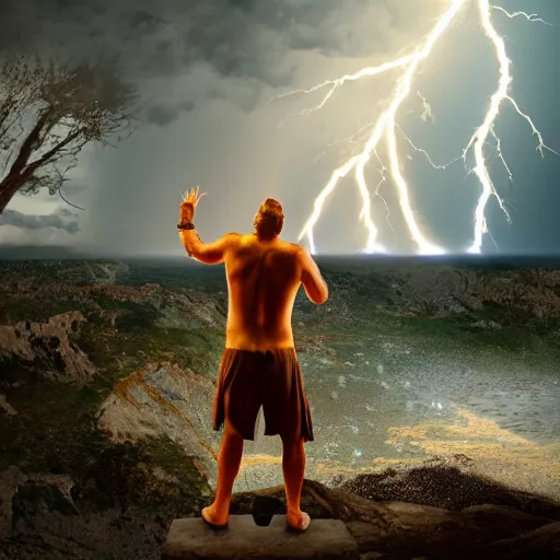 Image similar to zeus with his hand in the air calling down a lighting strike, 8k super detailed, highly detailed, ultra hd, professional digital art, artistic, cinematic,