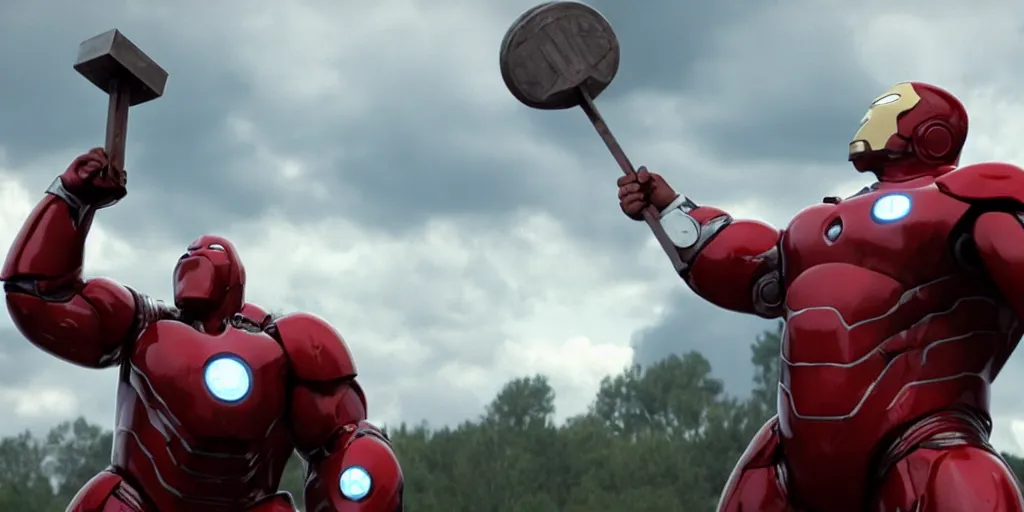 Image similar to obese rotund ironman lifting mjolnir high up, cinematic shot