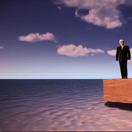 Prompt: sad businessman on empty island, beautiful sky, rendered in bryce3d, bryce, 3d