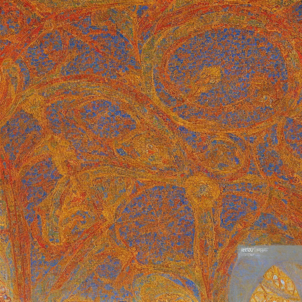 Image similar to brightly coloured patterns on its ceilings, osman hamdi bey style,