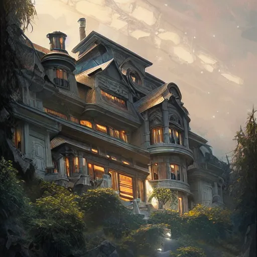 Image similar to Ultra realistic illustration of Futuristic Modern Mansion in the mountains , sci-fi, fantasy, intricate, elegant, highly detailed, digital painting, artstation, concept art, smooth, sharp focus, illustration, dramatic lighting, art by artgerm and greg rutkowski and alphonse mucha