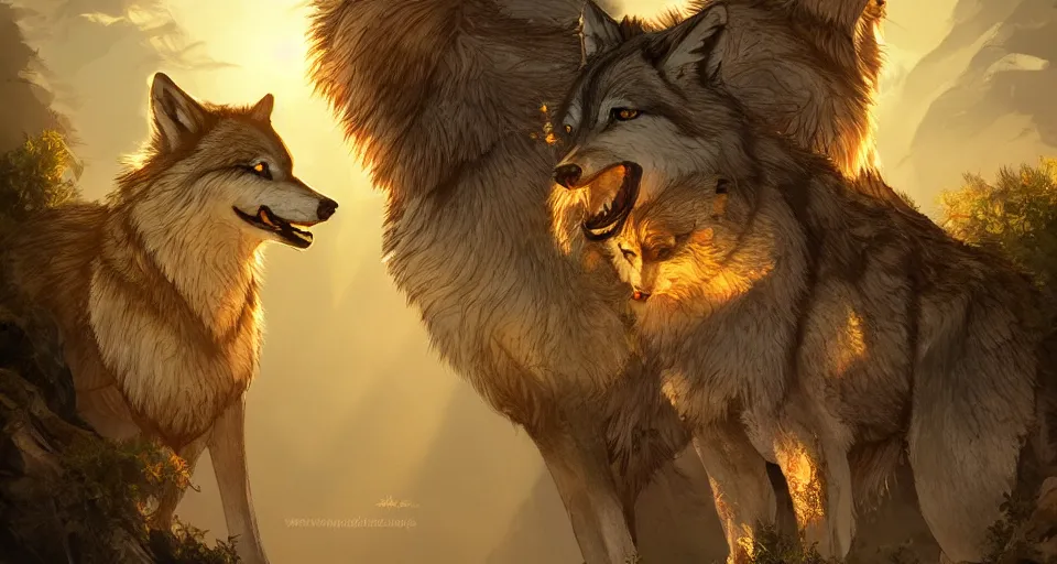 Prompt: wolves and their treasures - golden mountains - dramatic lighting, trending on artstation, highly detailed render by studio ghibli