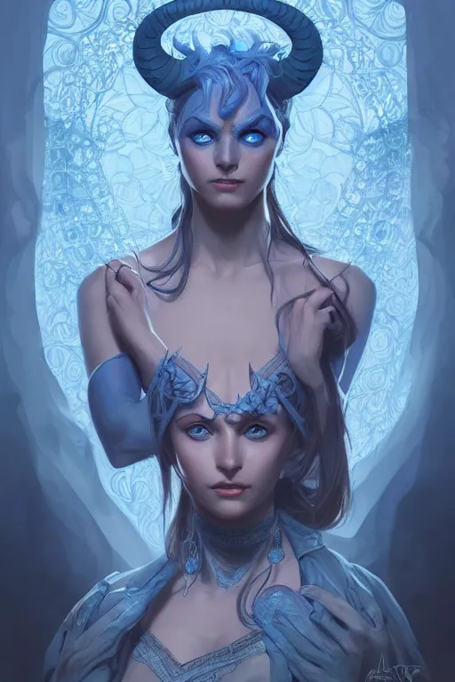 Image similar to a beautiful blue tiefling, dnd, face, fantasy, intricate, elegant, highly detailed, digital painting, artstation, concept art, smooth, sharp focus, illustration, art by artgerm and greg rutkowski and alphonse mucha