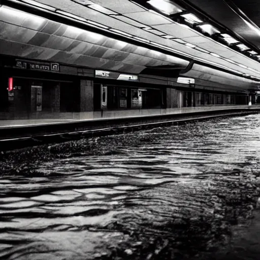 Image similar to photo of a subway station, the floor is flooded with one meter deep water. eerie, volumetric lighting