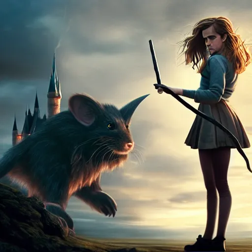 Prompt: emma watson as hermione granger, standing in front of a giant mouse, holding the elder wand, digital art by greg rutkowski, artstation, sharp focus, intricate, detailed, but as photography by steve mccurry