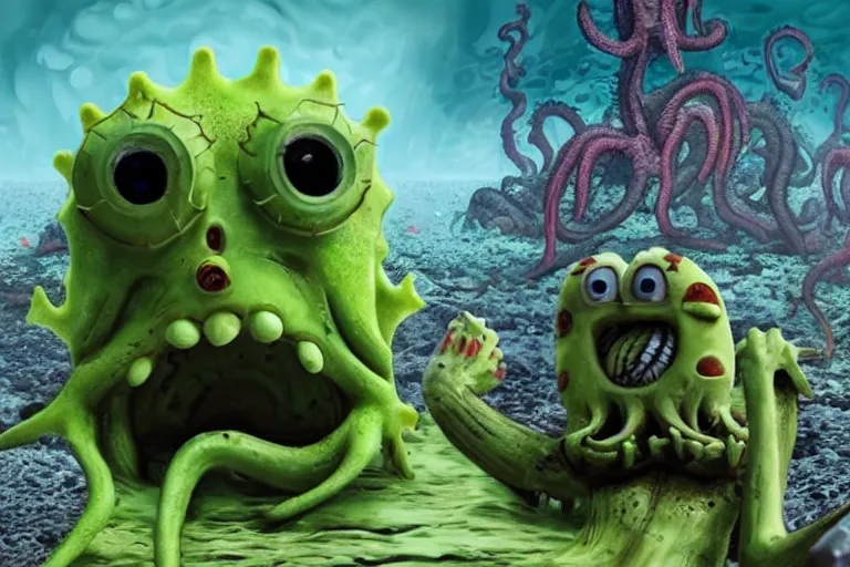 Image similar to Spongebob Cthulhu the world eater, photorealistic still from Alien Planet