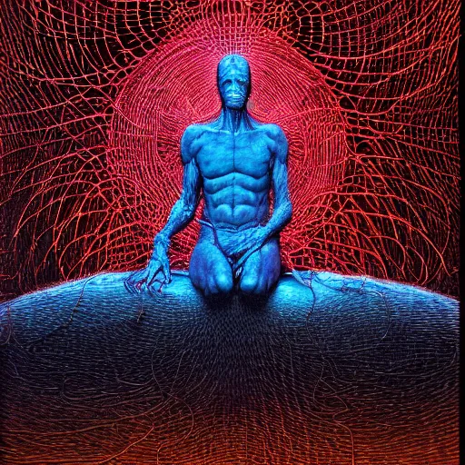 Image similar to an exhausted deity, contemplating existence, beyond the known universe, fine art, bokeh, omnidimensional, ocd, electroluminescent wire by wayne barlowe