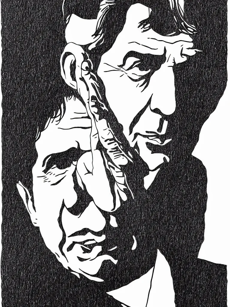 Prompt: detailed line art portrait of leonard cohen. caricatural, minimalist, bold contour lines, musicality, soft twirls curls and curves, confident personality, raw emotion