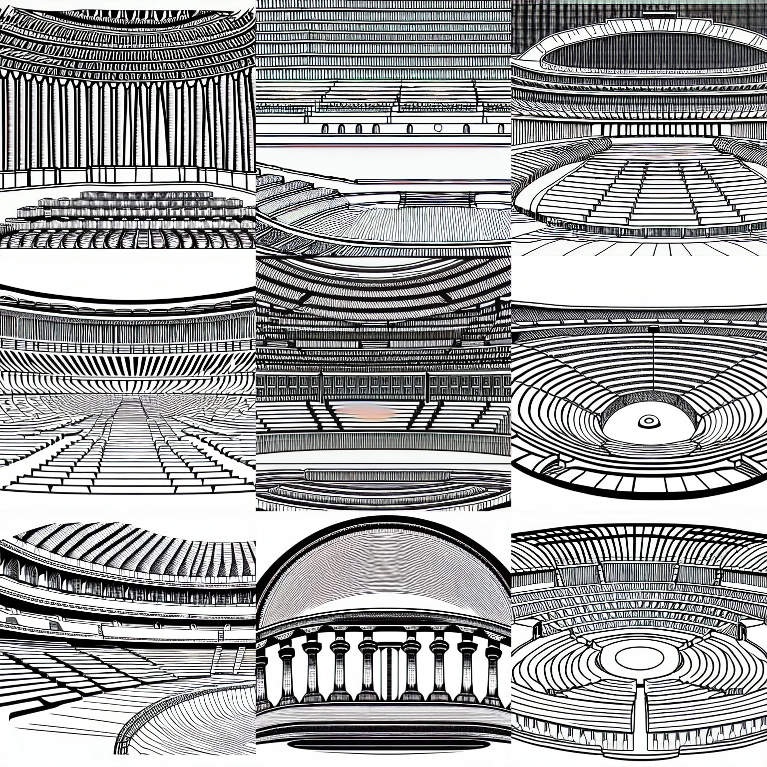 Prompt: highly detailed full frame three quarter shot of a section of ancient amphitheater in smooth shaded!!! vector line - art style, sketch - up, white background