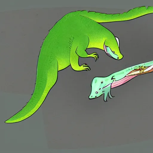 Image similar to A eidelucertlagarzard eating a maripofarterling, digital art