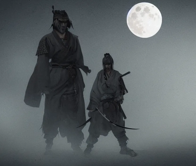 Image similar to '2d design graphic a samurai in the night ,big white moon background , gloomy and foggy atmosphere, octane render, artstation trending, horror scene, highly detailded'