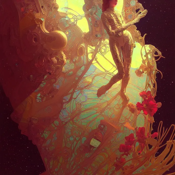 Prompt: psychedelic astronaut , diffuse lighting, fantasy, intricate, elegant, highly detailed, lifelike, photorealistic, digital painting, artstation, illustration, concept art, smooth, sharp focus, art by John Collier and Albert Aublet and Krenz Cushart and Artem Demura and Alphonse Mucha