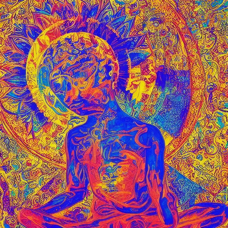 Image similar to human meditating supreme peace immense knowledge infinite color dmt art blue black gold love