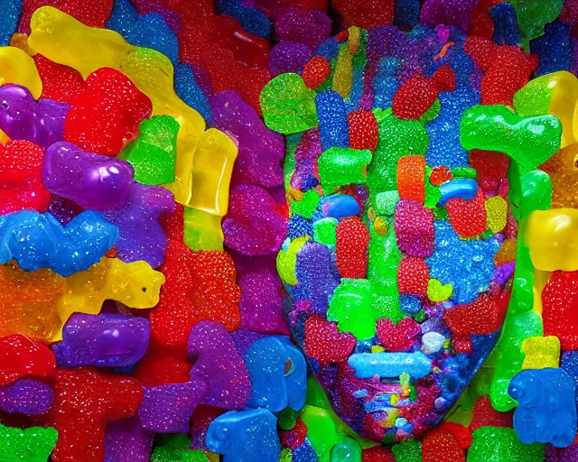 Image similar to a giant sculpture made out of thousands of gummy bears in a human head shape, on the surface of the ocean, in the style of chad knight, long shot, hyper detailed, hyper realistic, ray tracing, 8 k resolution, sharp focus, realistic water, award winning sculpture