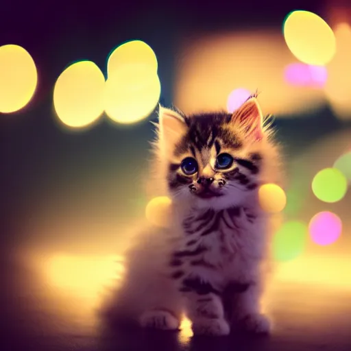 Image similar to Photo of a cute very, very, extra, fluffy kitten playing with bokeh's of light. Whimsical. Magical.