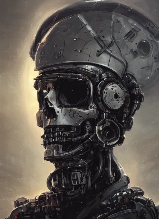Image similar to metal skull half covered face with cybernetic enhancements as seen from a distance, scifi character portrait by greg rutkowski, esuthio, craig mullins, 1 / 4 headshot, cinematic lighting, dystopian scifi gear, gloomy, profile picture, mechanical, half robot, implants, solarpunk