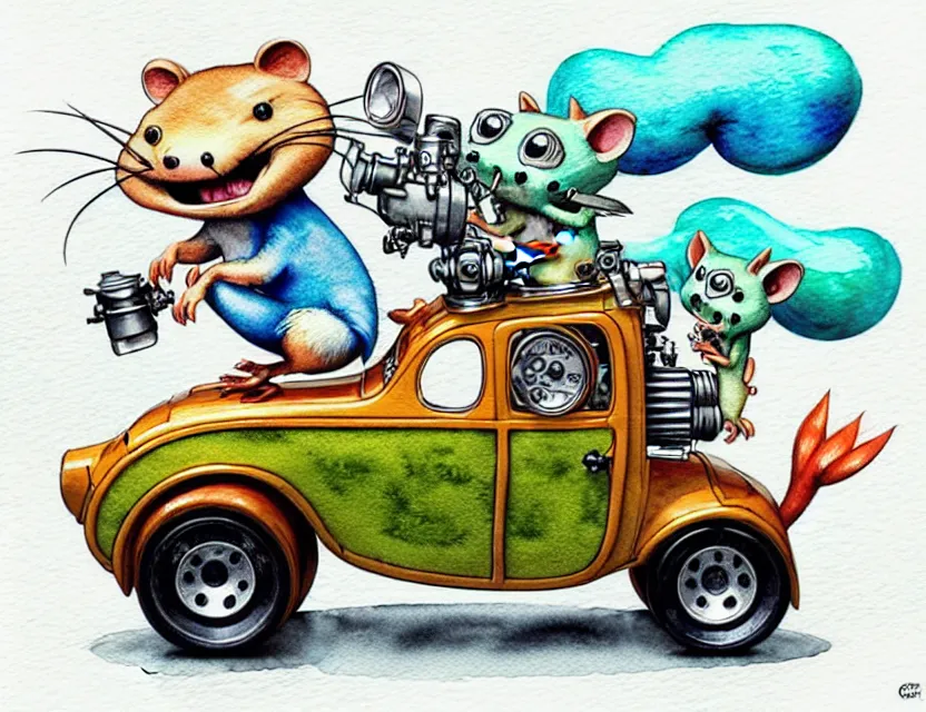 Image similar to cute and funny, quoll riding in a tiny hot rod with oversized engine, ratfink style by ed roth, centered award winning watercolor pen illustration, isometric illustration by chihiro iwasaki, edited by range murata, tiny details by artgerm and watercolor girl, symmetrically isometrically centered