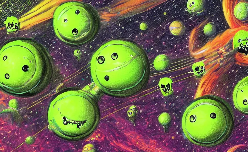 Image similar to an army of different green tennis ball monsters, in space, digital art, fantasy, magic, chalk, trending on artstation, ultra detailed, detailed, fine details, professional illustration by basil gogos