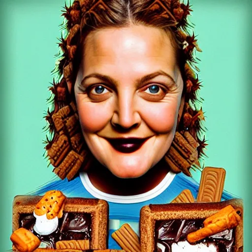 Prompt: drew barrymore in a smore, chocolate, marshmallow graham cracker, bionix scifi alexandre ferra, digital painting by arcimboldo