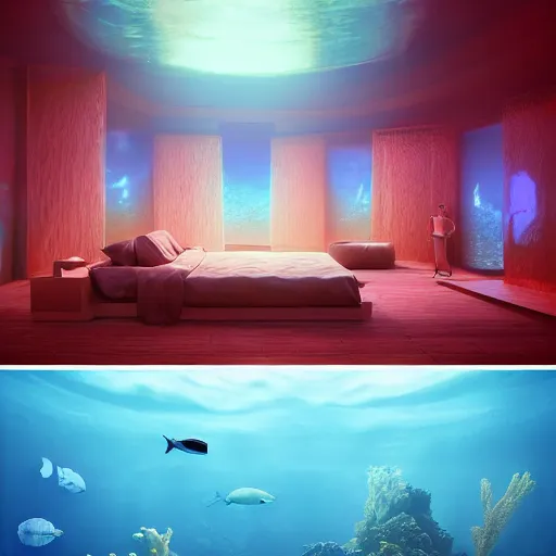 Prompt: the realistic photo of the modern room as aquarium with a big jellyfish and beautiful corals, sharks, under the ocean, realistic colors, realistic shadows, daylight made in blender, hd, 3 d by beeple by greg rutkowski and damian hirst