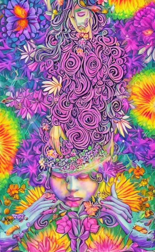 Prompt: tranquil oblivion, floral queen, artwork by artgem, art by lisa frank