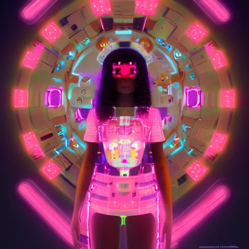 Prompt: a kawaii puerto rican goddess staring through the mothership of your souls, wearing a headpiece made of circuit boards and empathy machines, by alastair reynolds, ilya kuvshinov and stanley kubrick, pink, trending on artstation, cinematic, 3 d render, photorealistic