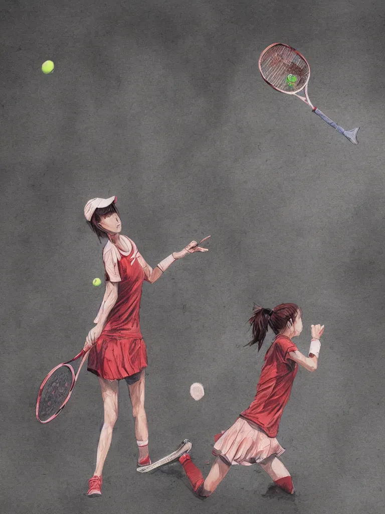 Image similar to young adult woman playing tennis, anime, painful, cardboard, blood stains on shirt, blood on tennis court, bleeding audience, illustration, traditional drawing style, dramatic mood, textured canvas, highly detailed, fine art, melancholic art, oil pastels, 8 k render octane high definition cgsociety